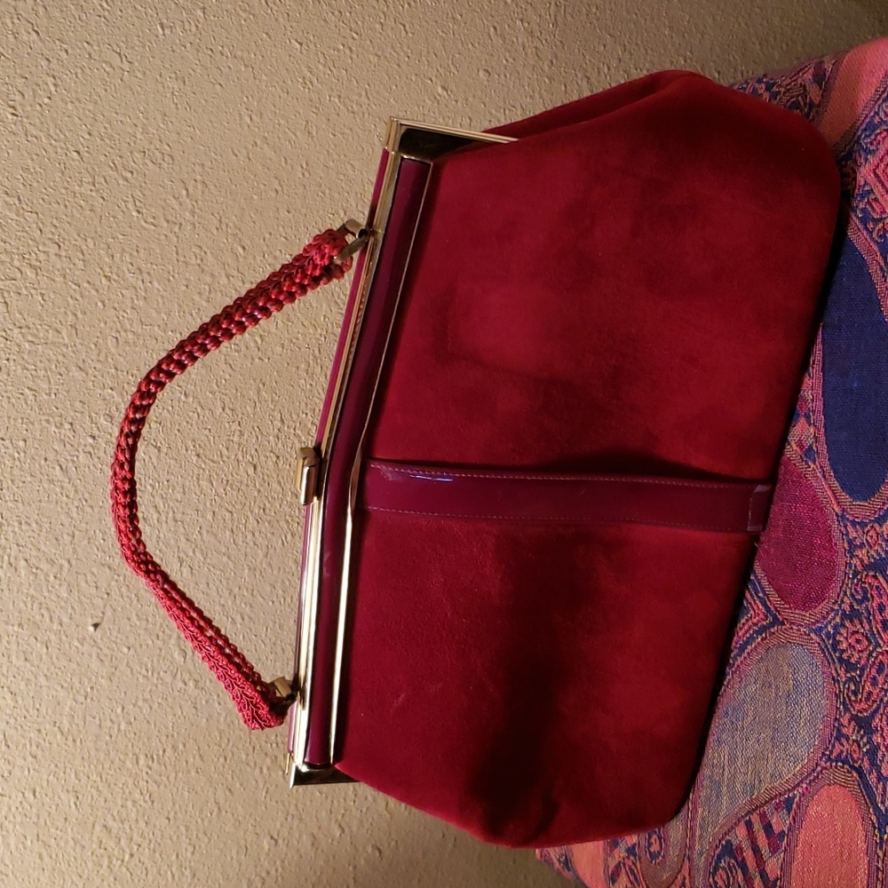 SALE Vintage Red Patten Leather and Suede Handbag - Picture 1 of 8